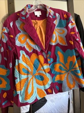 Anthropologie Embroidered Floral Blazer in Burgundy with Teal & Orange